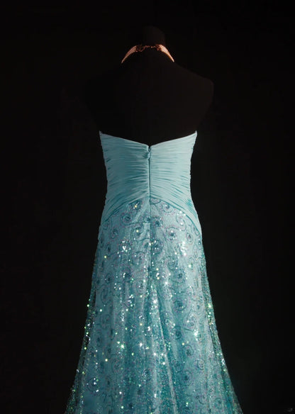Vintage 80s Formal Mermaid Sweetheart Blue With Pleated Slit Beads Sleeveless Long Prom Dresses Party Formal Gowns AS095