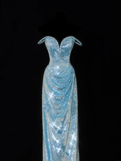 Classy Sheath Spaghetti Straps Blue Sparkly Sequins Style Impress Long Prom Dresses Formal Party Gowns SA098