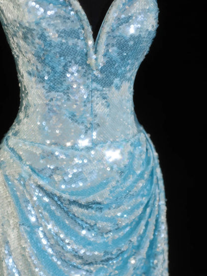 Classy Sheath Spaghetti Straps Blue Sparkly Sequins Style Impress Long Prom Dresses Formal Party Gowns SA098