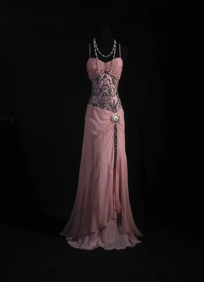 Vintage A Line Spaghetti Strap Pink Floor Length Chiffon Party Dress With Beads 1950s Retro Classy Birthday Dinner Prom Dresses AS100