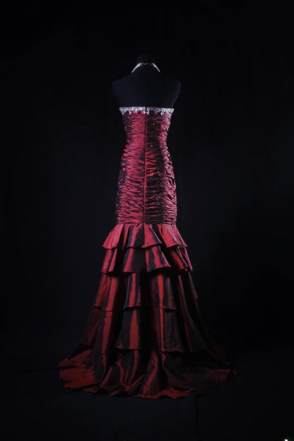 Vintage 50s 1950s Formal Mermaid Strapless Burgundy Tiered With Beads Sleeveless Long Prom Dresses Party Formal Gowns AS116
