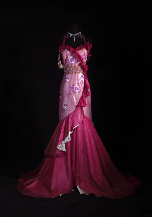 Vintage 50s 1950s Formal Mermaid Halter Hot Pink Pleated With Beads Sleeveless Long Prom Dresses Party Formal Gowns AS119