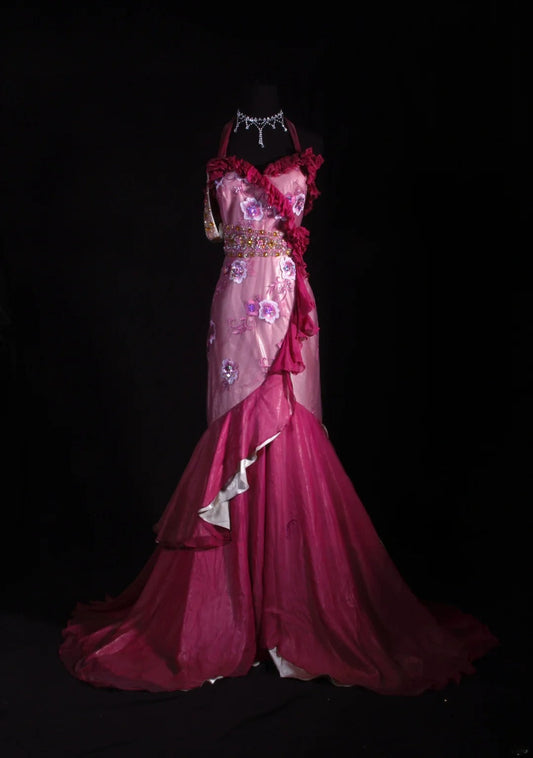 Vintage 50s 1950s Formal Mermaid Halter Hot Pink Pleated With Beads Sleeveless Long Prom Dresses Party Formal Gowns AS119
