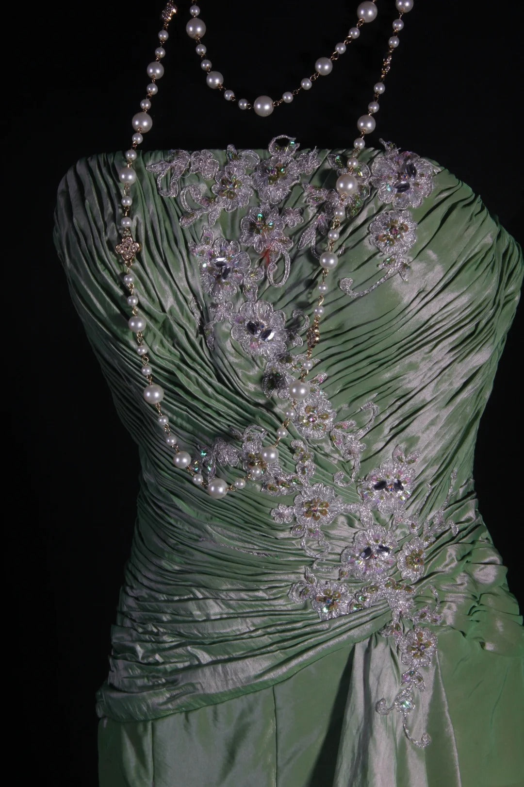Vintage 50s 1950s Formal Mermaid Strapless Green Taffeta Pleated With Lace Appliques Sleeveless Long Prom Dresses Party Formal Gowns AS127