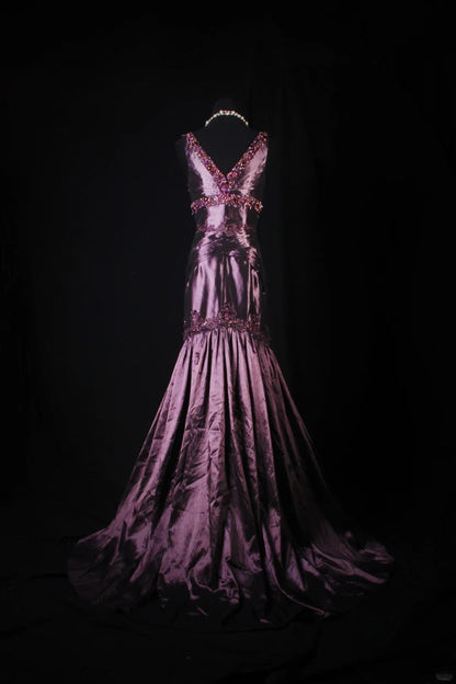 Retro Vintage 1960s Formal Mermaid V Neck Purple With Beads Long Prom Dresses Party Formal Gowns AS144