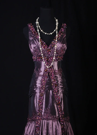 Retro Vintage 1960s Formal Mermaid V Neck Purple With Beads Long Prom Dresses Party Formal Gowns AS144
