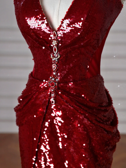 Glitter Mermaid Halter Burgundy With Sequins Long Formal Prom Dresses Dance Night Outfits Evening Birthday Outfit AB2209