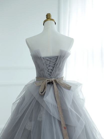 Chic Ball Gown Strapless Silver Gray Tulle Long Formal Prom Dresses Dance Night Outfits Evening 18th Birthday Outfit AS172