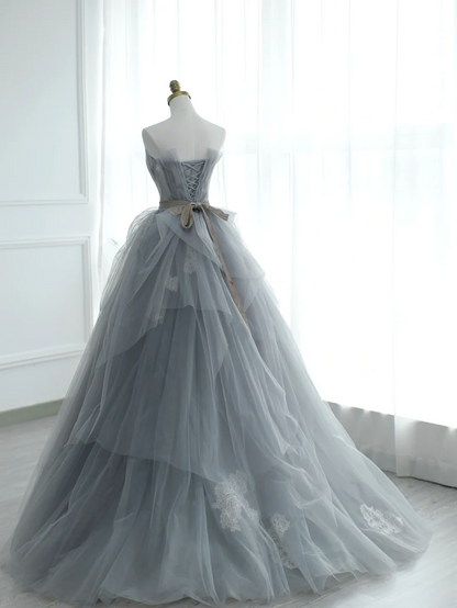 Chic Ball Gown Strapless Silver Gray Tulle Long Formal Prom Dresses Dance Night Outfits Evening 18th Birthday Outfit AS172