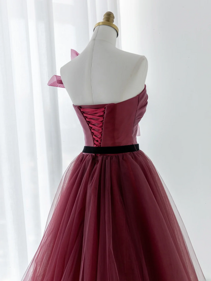 Elegant Ball Gown Strapless Burgundy Tulle Long Formal Prom Dresses Dance Night Outfits Evening 18th Birthday Outfit AS177