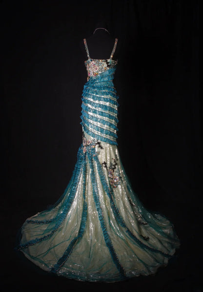 Vintage 60s Mermaid Spaghetti Straps Blue Tulle With Beads Long Formal Fancy Prom Dresses Night Outfits Party Gowns AS192