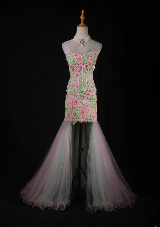 Vintage Style Mermaid Sweetheart 1950s Tulle Pink With Appliques Long Formal Prom Dresses Night Outfits Party Gowns AS229