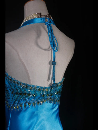 Vintage A line Halter Blue Satin Long Formal Old 1950s Prom Dresses Night Outfits Party Gowns AS230