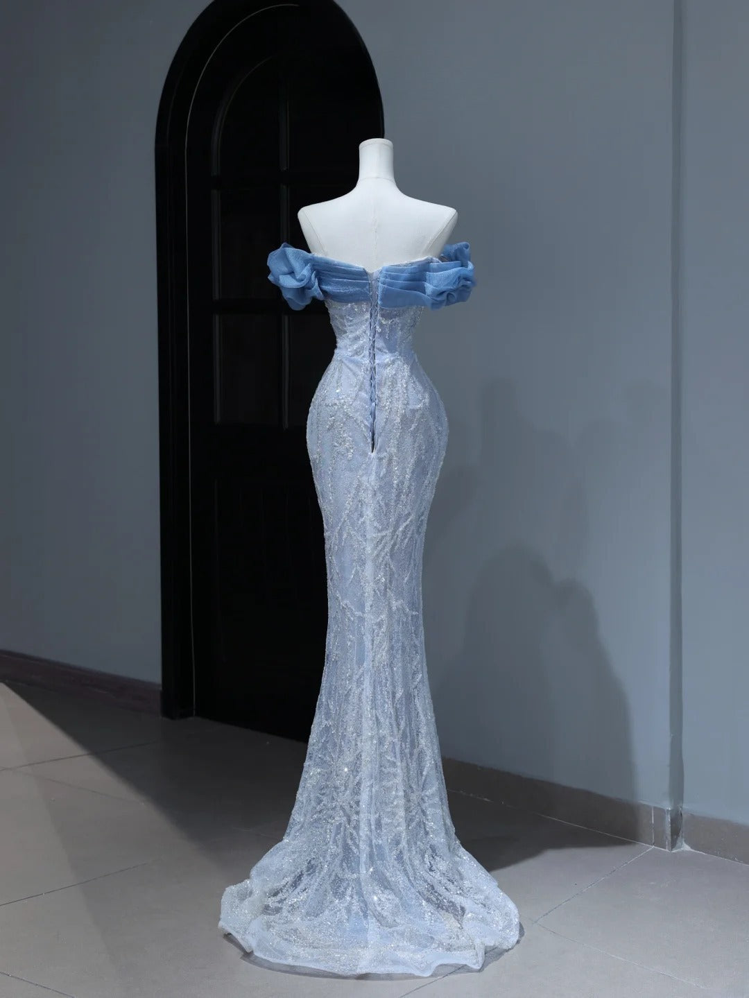 Modest Prom Dresses Aesthetic Mermaid Off The Shoulder Blue Sequins Inspiration Style Impress With Puffy Sleeves Long Party Formal Gown AS380