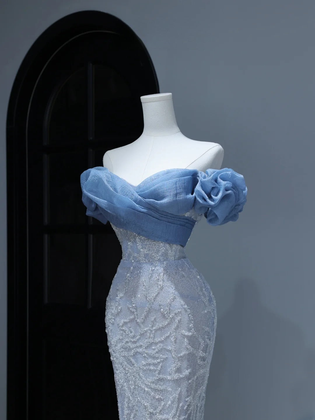 Modest Prom Dresses Aesthetic Mermaid Off The Shoulder Blue Sequins Inspiration Style Impress With Puffy Sleeves Long Party Formal Gown AS380