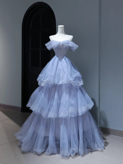 Modest Prom Dresses Aesthetic Ball Gown Off The Shoulder Lilac Tulle Inspiration Style Impress With Sleeves Beaded Long Party Formal Gown AS384