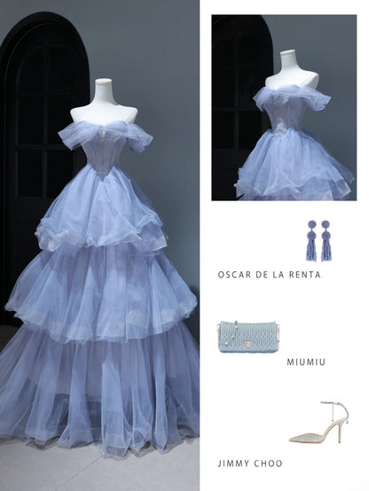 Modest Prom Dresses Aesthetic Ball Gown Off The Shoulder Lilac Tulle Inspiration Style Impress With Sleeves Beaded Long Party Formal Gown AS384