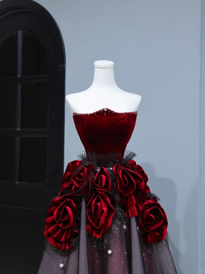 Modest Prom Dresses Aesthetic Ball Gown Strapless Burgundy Tulle Inspiration Style Impress With Flowers Long Party Formal Gown AS394