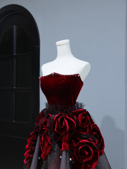 Modest Prom Dresses Aesthetic Ball Gown Strapless Burgundy Tulle Inspiration Style Impress With Flowers Long Party Formal Gown AS394