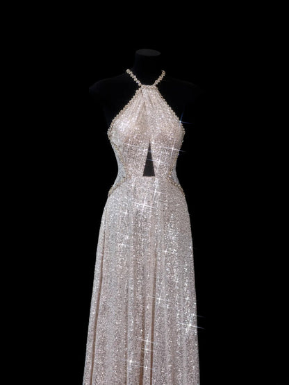Chic A line Halter Champagne Sequin Long Prom Formal Fancy Evening Dresses Dinner Outfits Classy Party Gowns AS615