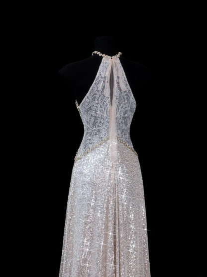 Chic A line Halter Champagne Sequin Long Prom Formal Fancy Evening Dresses Dinner Outfits Classy Party Gowns AS615