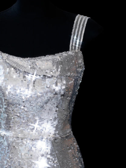 Chic Sheath Square Neck Silver Sequin Long Prom Formal Fancy Evening Dresses Dinner Outfits Classy Party Gowns AS617