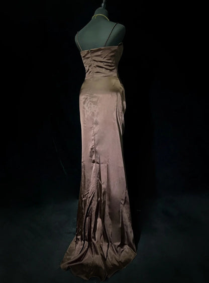 Trendy Prom Dresses Inspiration Mermaid Spaghetti Strap Chocolate Gala Satin Vintage Formal Dress N3188