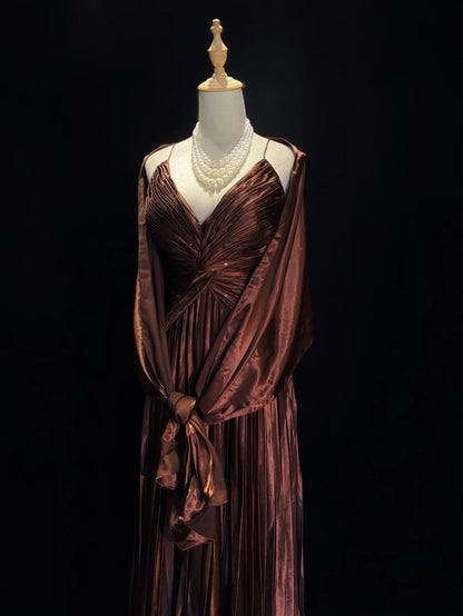 Trendy Prom Dresses Inspiration Mermaid Spaghetti Strap Chocolate Gala Satin Backless With Cape Formal Gowns N3189