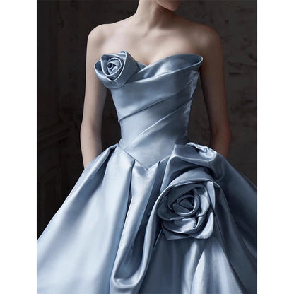 Cute Ball Gown Sweetheart With Flowers Blue Long Party Gowns Prom Dresses N2029