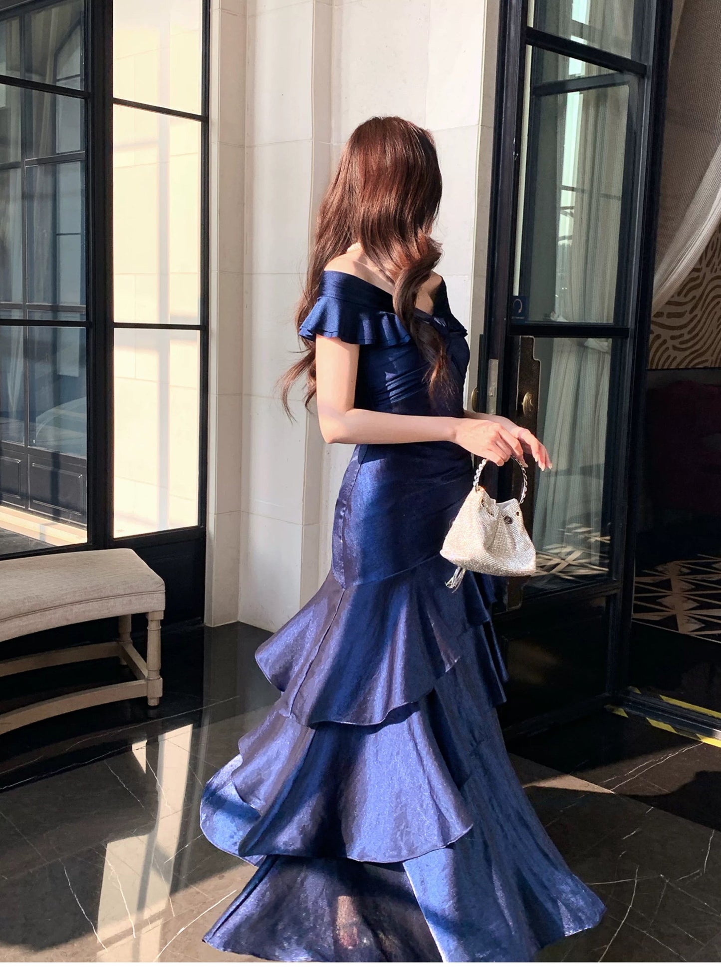Classy Mermaid Off The Shoulder Black With Short Sleeves Long Formal Gowns Prom Dresses N2056