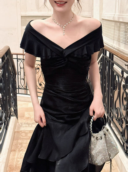 Classy Mermaid Off The Shoulder Black With Short Sleeves Long Formal Gowns Prom Dresses N2056