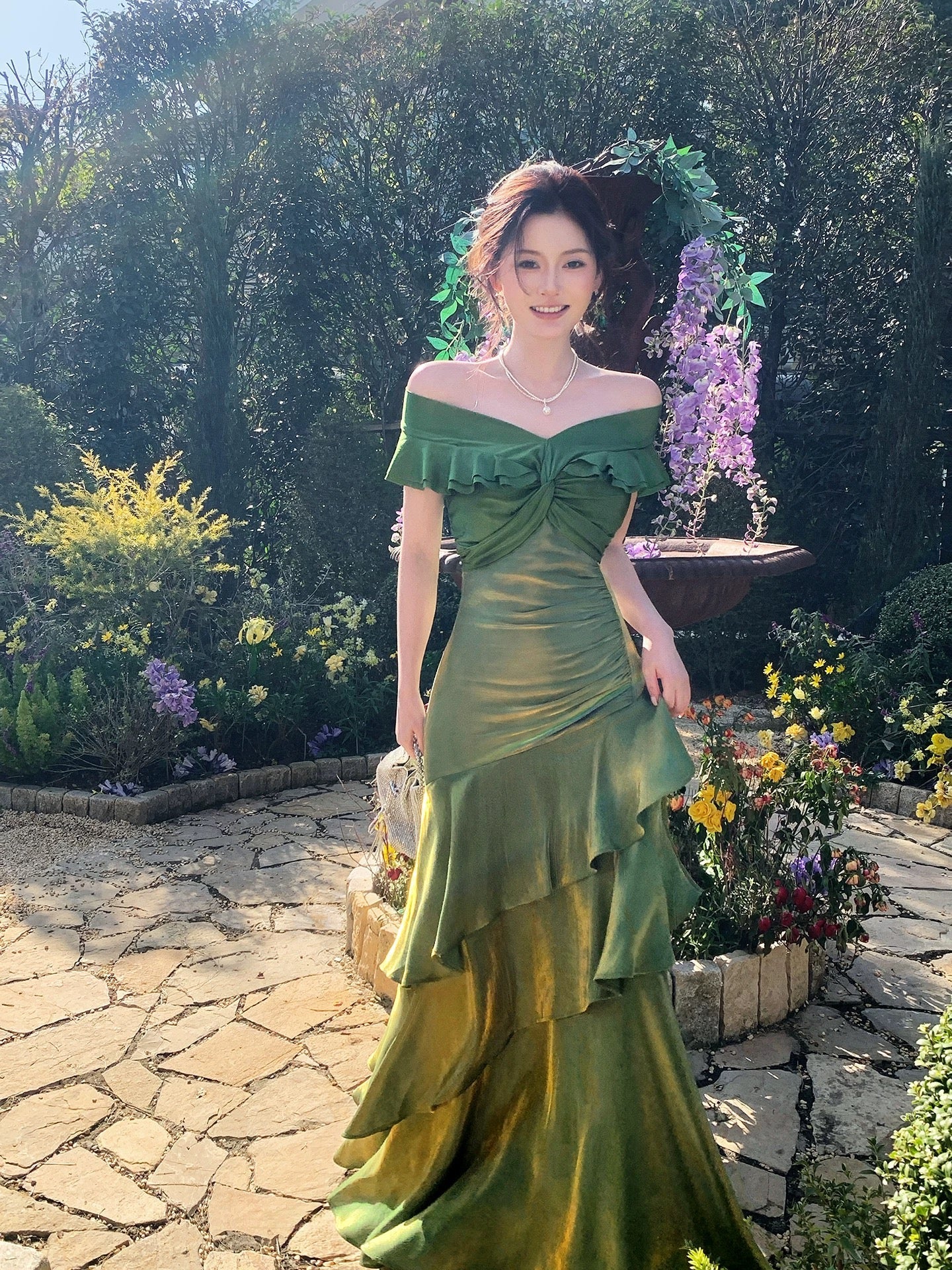 Classy Mermaid Off The Shoulder Dark Green With Short Sleeves Long Formal Gowns Prom Dresses N2066
