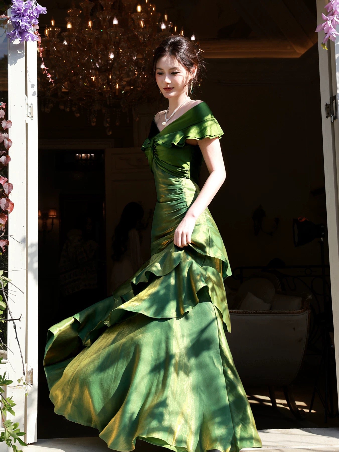 Classy Mermaid Off The Shoulder Dark Green With Short Sleeves Long Formal Gowns Prom Dresses N2066