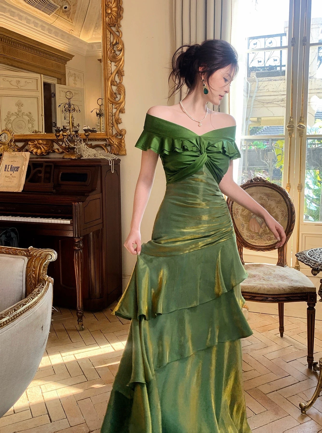 Modest Mermaid Off The Shoulder Dark Green With Short Sleeves Long Formal Gowns Prom Dresses N2067