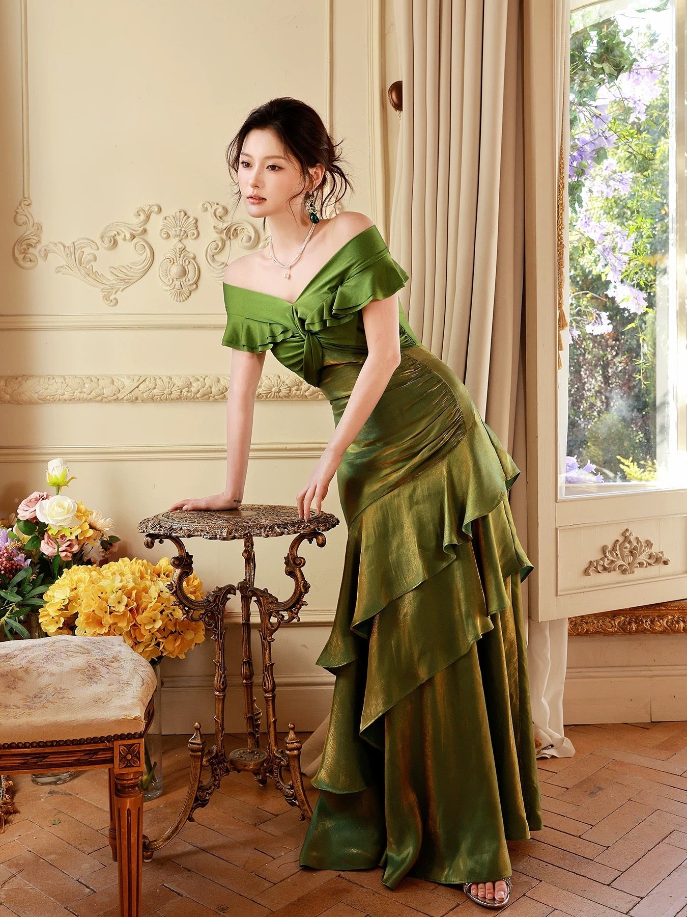 Modest Mermaid Off The Shoulder Dark Green With Short Sleeves Long Formal Gowns Prom Dresses N2067