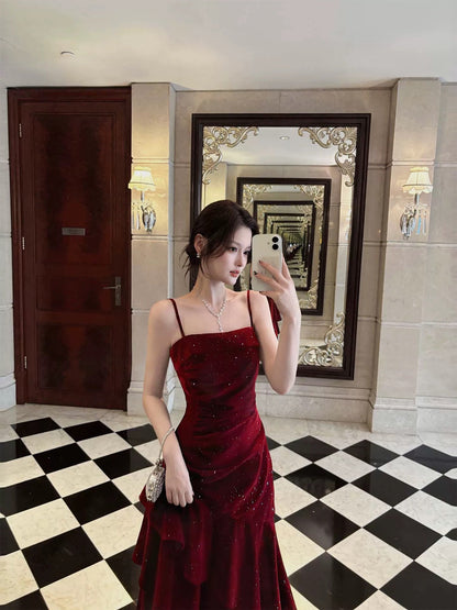 Modest French Style Mermaid Spaghetti Straps Burgundy Fashion Women Long Formal Outfits Prom Dresses N2077