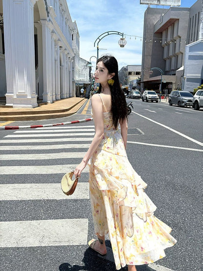 Modest French Style Mermaid Spaghetti Straps Yellow Floral Chiffon Fashion Women Long Formal Outfits Prom Dresses N2078