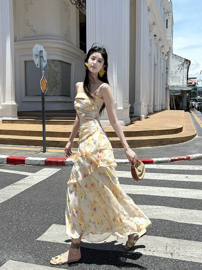 Modest French Style Mermaid Spaghetti Straps Yellow Floral Chiffon Fashion Women Long Formal Outfits Prom Dresses N2078