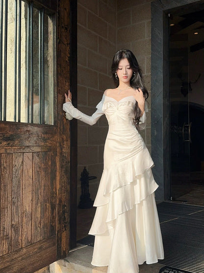 Modest French Style Mermaid Off The Shoulder White Fashion Women Long Formal Outfits Prom Dresses N2090
