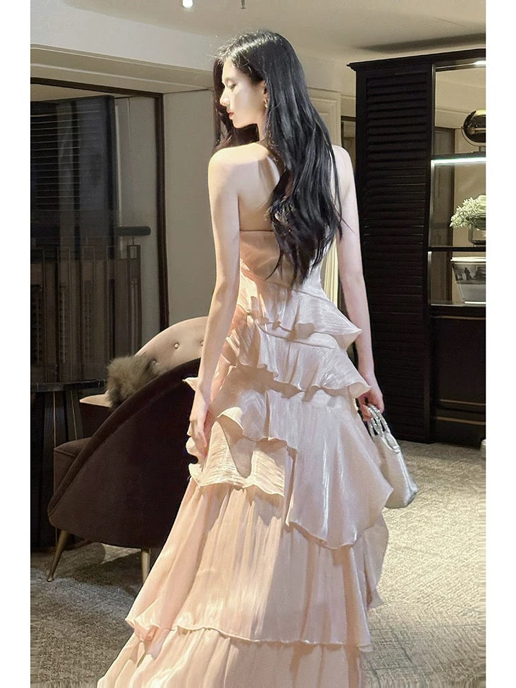 Modest French Style A line Scoop Pink Tiered Layers Fashion Women Long Formal Outfits Prom Dresses N2098