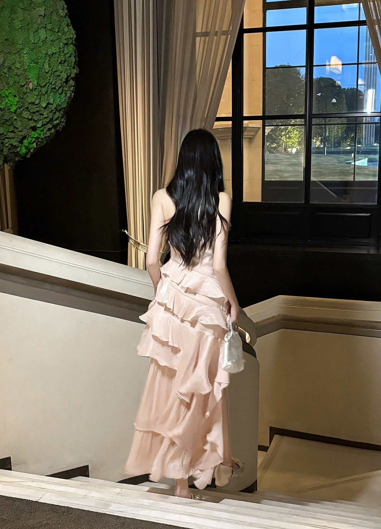 Modest French Style A line Scoop Pink Tiered Layers Fashion Women Long Formal Outfits Prom Dresses N2098