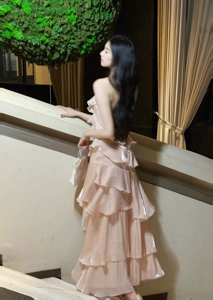 Modest French Style A line Scoop Pink Tiered Layers Fashion Women Long Formal Outfits Prom Dresses N2098