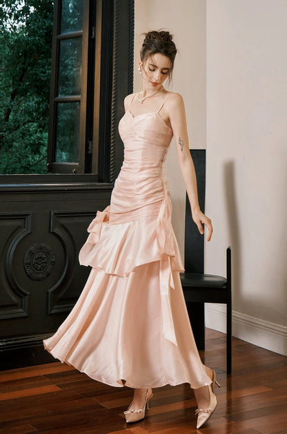 Simple Mermaid Spaghetti Straps Blush Pink Satin Inspiration Long Party Prom Dresses N2103