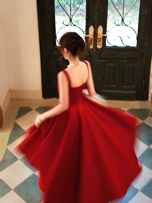 Simple A Line Square Neck Red Satin Summer Formal For Women Girls Teens Prom Dresses N2211
