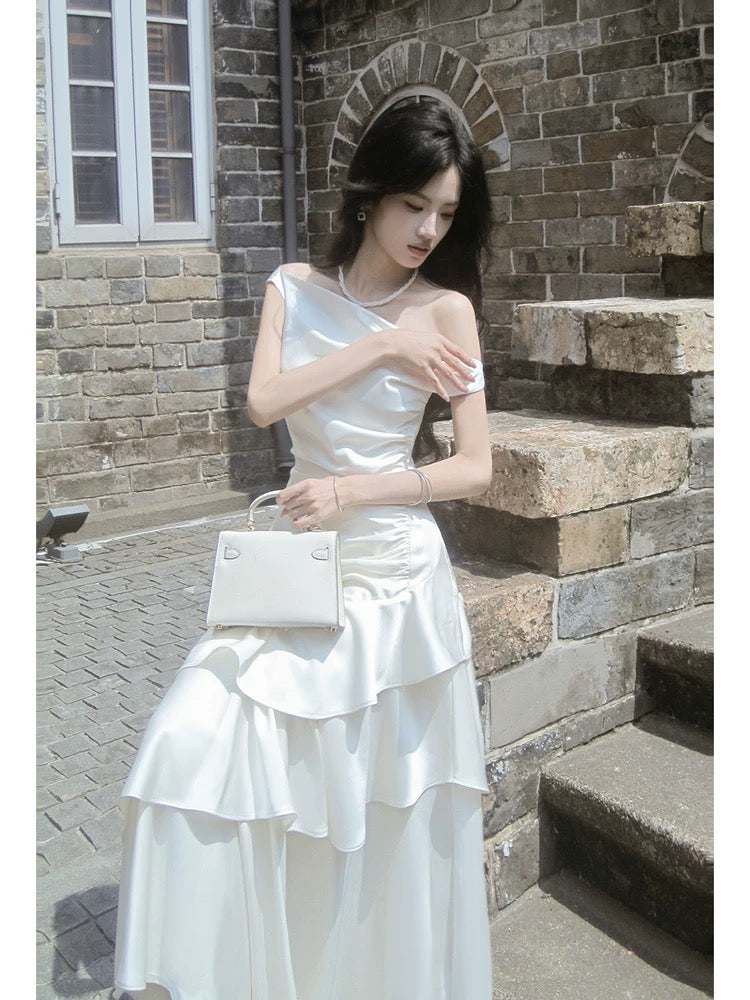 Classy Mermaid White Off The Shoulder Ruffles Satin For Women Girls Teens Prom Dresses N2184
