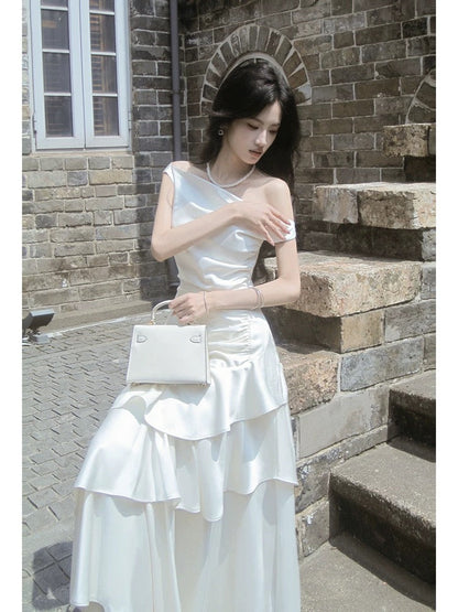 Classy Mermaid White Off The Shoulder Ruffles Satin For Women Girls Teens Prom Dresses N2184