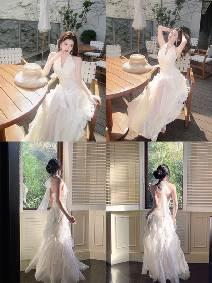 Beautiful A Line Halter White Ruffles Long For Women Girls Teens Prom Dresses N2202