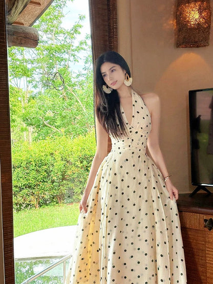 Beautiful A Line Halter Black Polka Dots Summer Formal Long For Women Girls Teens Prom Dresses N2203