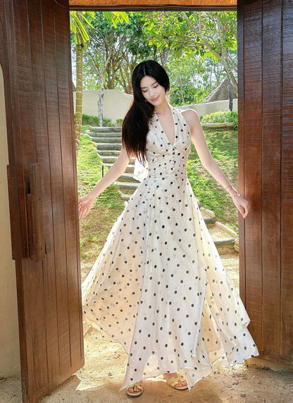 Beautiful A Line Halter Black Polka Dots Summer Formal Long For Women Girls Teens Prom Dresses N2203