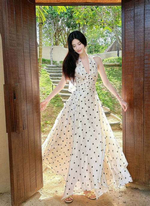 Beautiful A Line Halter Black Polka Dots Summer Formal Long For Women Girls Teens Prom Dresses N2203